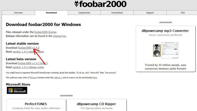 ウェブサイトFoobar2000にアクセスし、ダウンロードをクリックします
