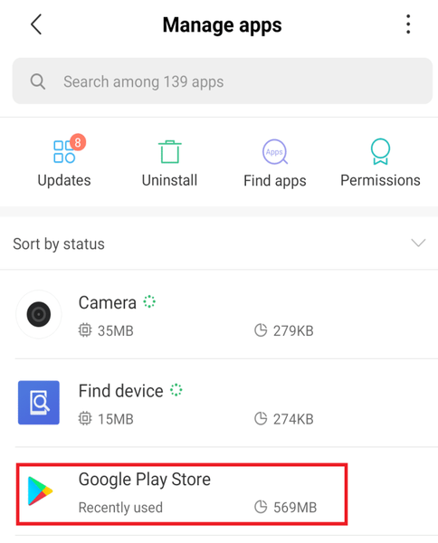 Novamente, pesquise ou encontre manualmente a opção da Google Play Store na lista e toque nela para abrir