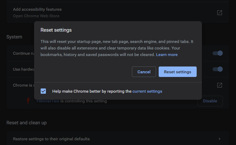 U prozoru Reset settings kliknite na Reset Settings | Popravi Err_Connection_Closed u Chromeu