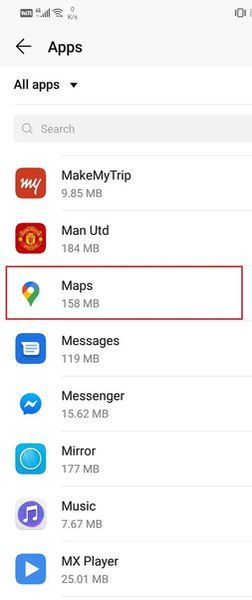 في قسم إدارة التطبيقات ، ستجد رمز خرائط Google | إصلاح تحسين دقة الموقع المنبثقة في Android