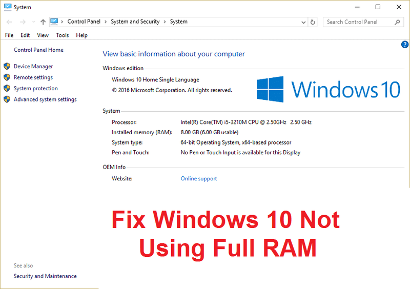Fix Windows 10 chì ùn usa micca a RAM piena