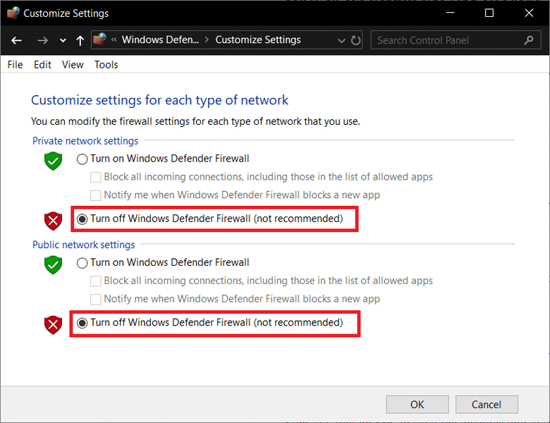 ចុចលើ Turn off Windows Defender Firewall (not recommend) | ជួសជុល Windows 10 Update Error 0x8007042c