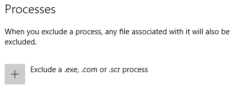 fare clic su Escludi un processo .exe, .com o .scr