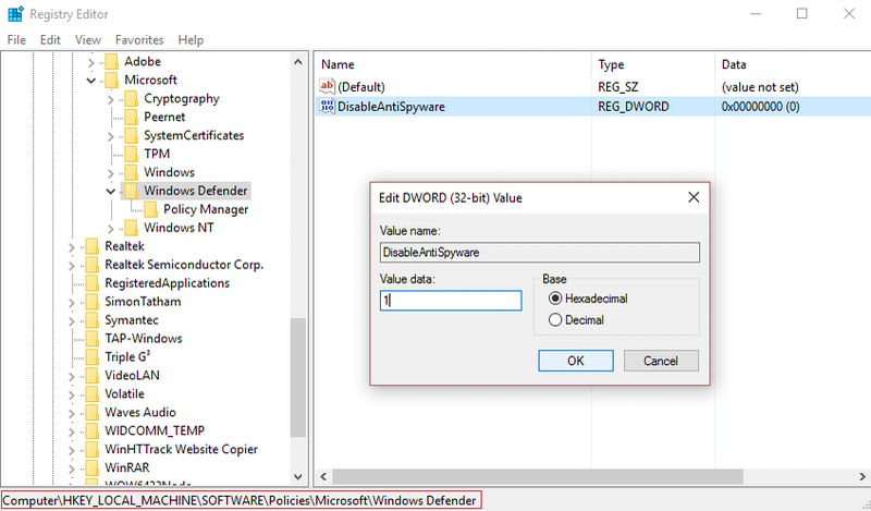 verander waarde van disableantispyware na 1 om Windows Defender te deaktiveer