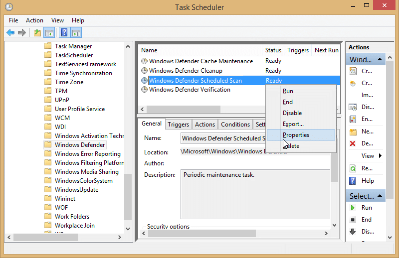 Fare clic con il pulsante destro del mouse su Scansione pianificata di Windows Defender