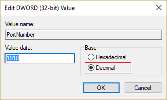 seleccione Decimal debaixo da base e introduza calquera valor entre 1025 e 65535