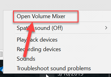 Apri Mixer volume facendo clic con il pulsante destro del mouse sull'icona del volume