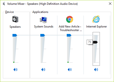 In die Volume Mixer-paneel maak seker dat die volumevlak wat aan Internet Explorer behoort, nie op demp gestel is nie