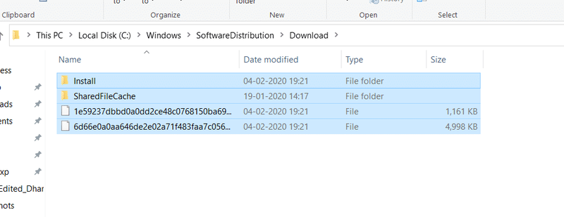 ソフトウェア配布フォルダ内のすべてのファイルとフォルダを選択し、それらを完全に削除します