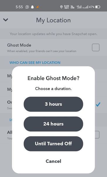3時間、24時間、オフになるまでの3つの異なるオプションを尋ねる| Snapchatであなたの場所を偽造または変更する