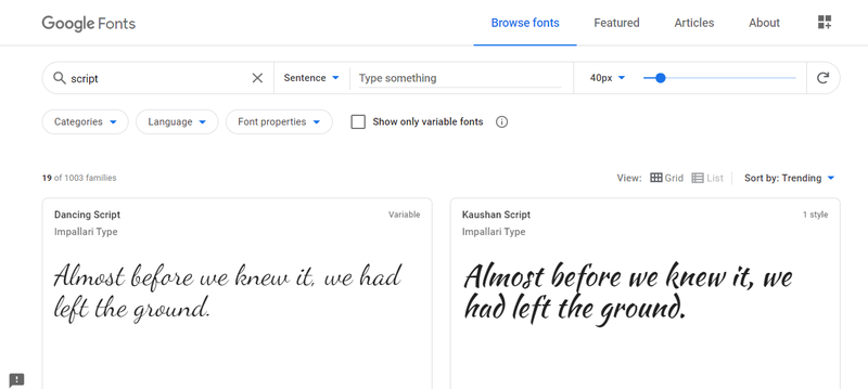 O repositório do Google Fonts seria exibido e você pode baixar qualquer fonte