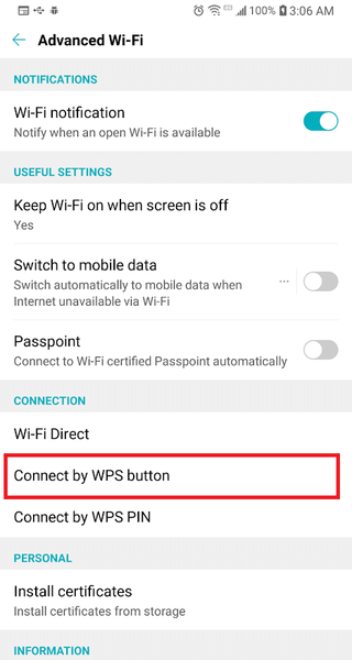 Ka raadi ikhtiyaarka Connect by WPS Button oo ku dhufo | La wadaag Wi-Fi adiga oo aan muujin erayga sirta ah