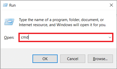 [ファイル名を指定して実行]コマンドボックスにcmdと入力し（Windowsキー+ R）、Enterキーを押します