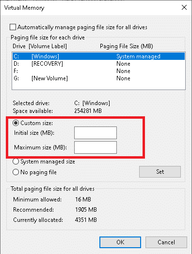 [カスタムサイズ]ラジオボタンをクリックして、初期サイズMBと最大サイズMBを入力します。 Windows10のスタートメニュー検索が機能しない問題を修正