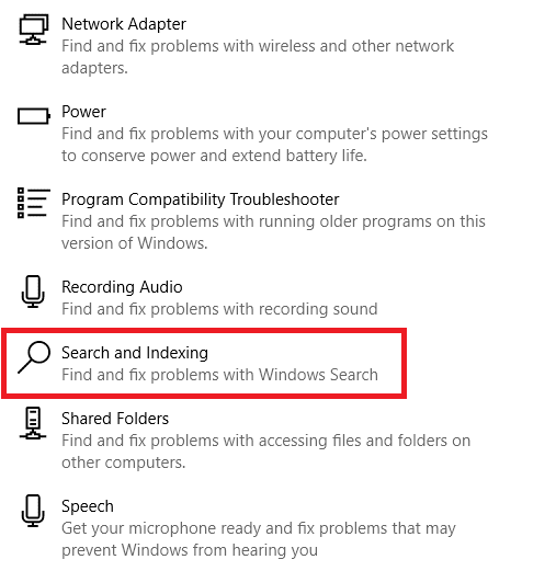 [検索とインデックス作成]をクリックします。 Windows10のスタートメニュー検索が機能しない問題を修正