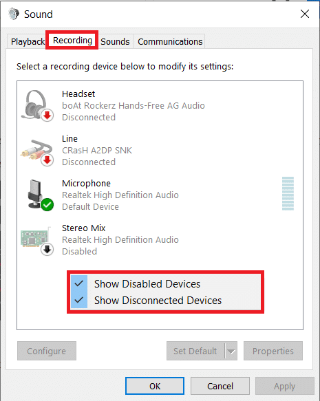 Mostrar Dispositivos Desativados e Mostrar Dispositivos Desconectados | Habilitar mix estéreo no Windows 10