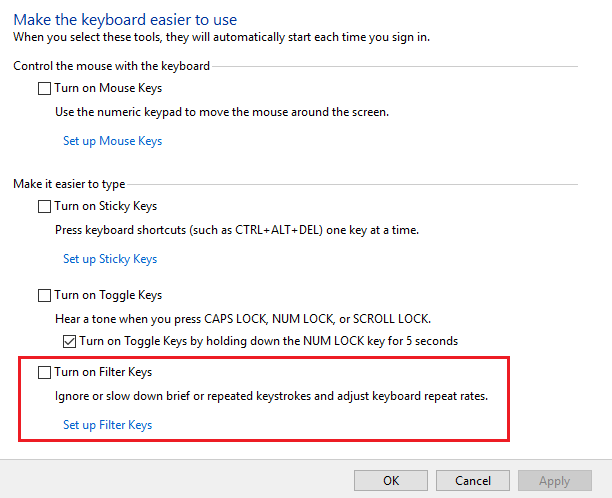 フィルターキーをオンにするチェックを外します| Windows10でキーボードが機能しない問題を修正