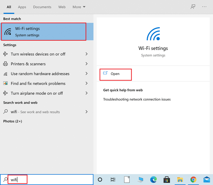 Unesite Wi-Fi u Windows traku za pretragu. Pokrenite Wi-Fi postavke