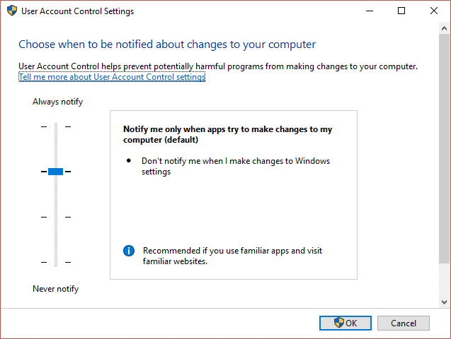 Mova o controle deslizante para cima ou para baixo para escolher quando ser notificado sobre alterações em seu computador