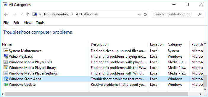 Dall'elenco Risoluzione dei problemi del computer, seleziona App di Windows Store