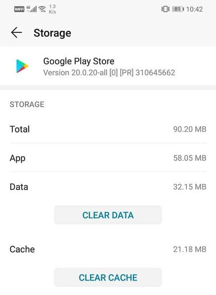 Agora você verá as opções para limpar os dados e limpar o cache | A transação de correção não pode ser concluída na Google Play Store