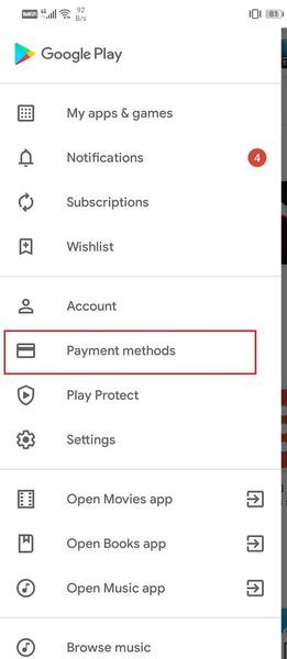 Role para baixo e clique em Métodos de pagamento | A transação de correção não pode ser concluída na Google Play Store