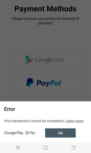 A transação de correção não pode ser concluída na Google Play Store