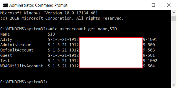 Innota s-SID tal-kont wmic useraccount get name,SID | Isem mill-ġdid il-folder tal-profil tal-utent fil-Windows 10