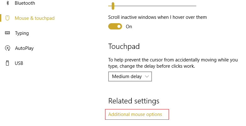 selecione Mouse e touchpad e clique em Opções adicionais do mouse
