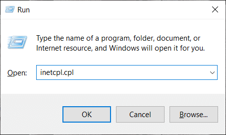 Pritisnite tipku Windows + R, zatim otkucajte inetcpl.cpl i kliknite na OK | Popravi Internet Explorer ne može prikazati grešku na web stranici