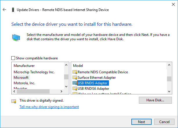 Microsoft seçin, sonra sağ pəncərədən USB RNDIS6 Adapter seçin