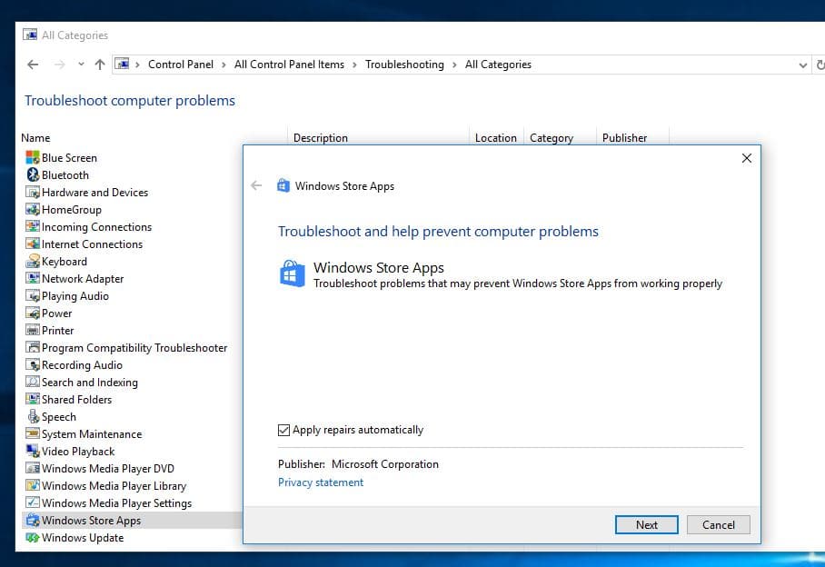 Windows 10 Hulpprogramma voor het oplossen van problemen met apps