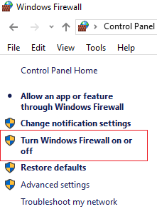 kliknite na Uključi ili isključi Windows zaštitni zid