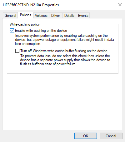 Windows 10でディスク書き込みキャッシュを有効にするには、デバイスで書き込みキャッシュを有効にするにチェックマークを付けます