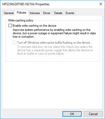 Windows10でディスク書き込みキャッシュを無効にする