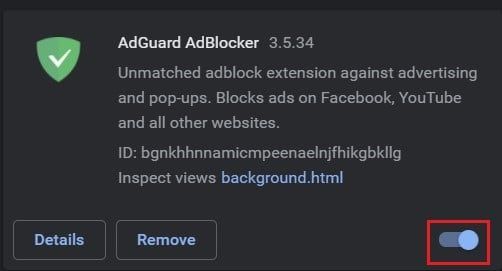 Fai clic no botón de alternar para desactivar a extensión de bloqueo de anuncios
