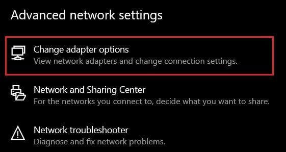 Na configuración de rede avanzada, fai clic en cambiar as opcións do adaptador