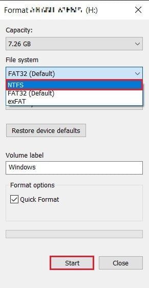 У вікні форматування змініть файлову систему на NTFS