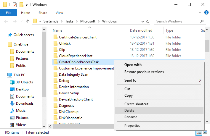 Excluir CreateChoiceProcessTask da pasta do Windows
