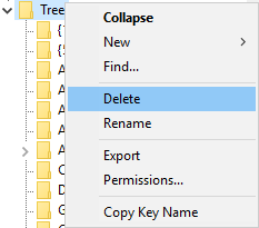 Fare clic con il tasto destro del mouse sulla chiave di registro dell'albero e selezionare Elimina