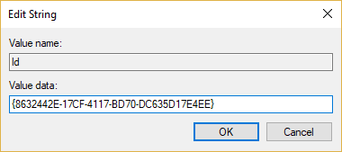 Fare doppio clic sulla chiave ID, quindi annotare il valore della stringa GUID