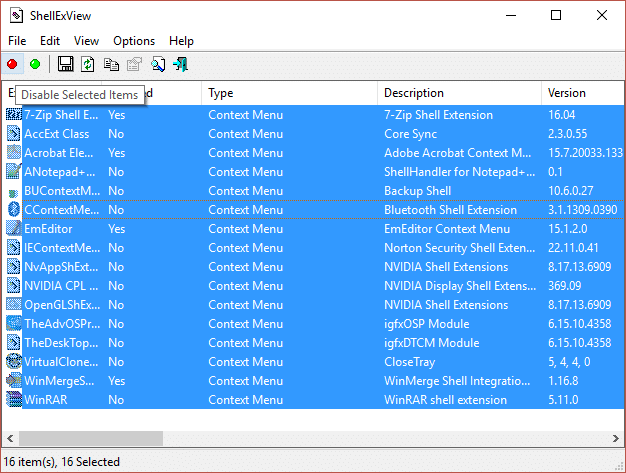 Selecione todos os itens segurando CTRL e então desabilite os itens selecionados | Corrigir o menu de contexto do clique direito lento no Windows 10