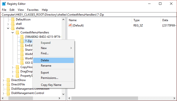 in ContextMenuHandlers fare clic con il pulsante destro del mouse su ciascuna cartella e selezionare Elimina