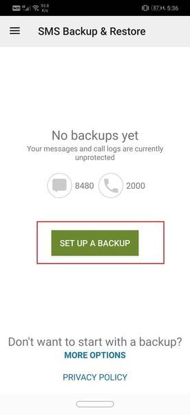 Tik op de optie Een back-up instellen | maak een back-up en herstel sms-berichten op Android