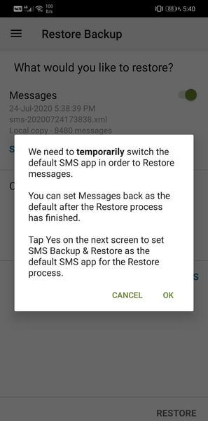 Toestemming vragen om SMS Backup and Restore tijdelijk in te stellen als uw standaard berichten-app