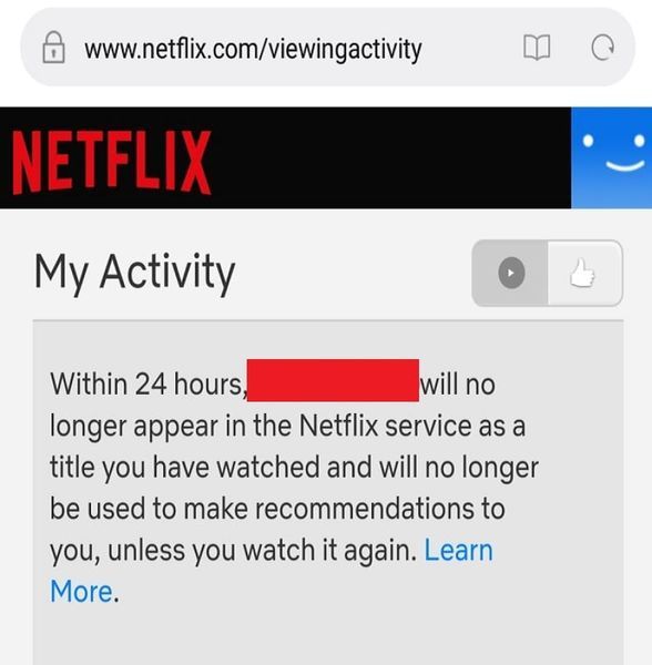 Στη θέση αυτού του στοιχείου, τώρα θα λάβετε μια ειδοποίηση ότι εντός 24 ωρών, αυτό το βίντεο δεν θα εμφανίζεται πλέον στην υπηρεσία Netflix ως τίτλος που έχετε παρακολουθήσει και δεν θα χρησιμοποιείται πλέον για την υποβολή προτάσεων.