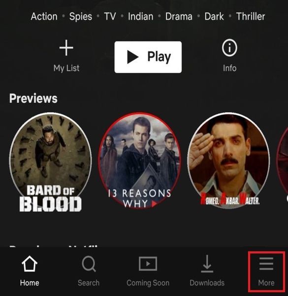 Συνδεθείτε στον λογαριασμό Netflix στον οποίο θέλετε να διαγράψετε το στοιχείο. Κάντε κλικ στο εικονίδιο Περισσότερα που είναι διαθέσιμο στην κάτω δεξιά γωνία της οθόνης.
