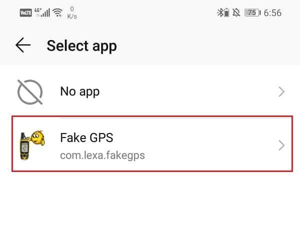 Clique no ícone Fake GPS e ele será definido como um aplicativo de localização simulada