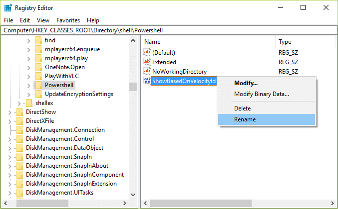 PowerShellフォルダー内で、ShowBasedOnVelocityId DWORDを右クリックし、[名前の変更]を選択します。