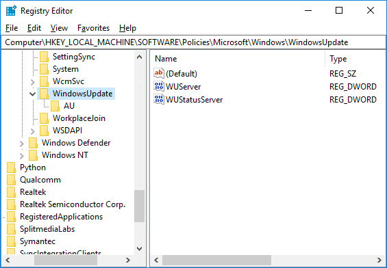 Su'e ile WindowsUpdate Registry key